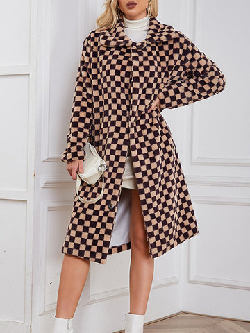 Airchics longue manteau en fausse fourrure carreaux boutonnage avec poches col revers femme mode ample